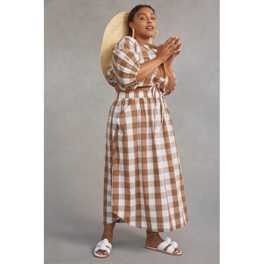 Anthropologie Whit Two Puff Sleeved Gingham Skirt Set Brown Motif Size 2X